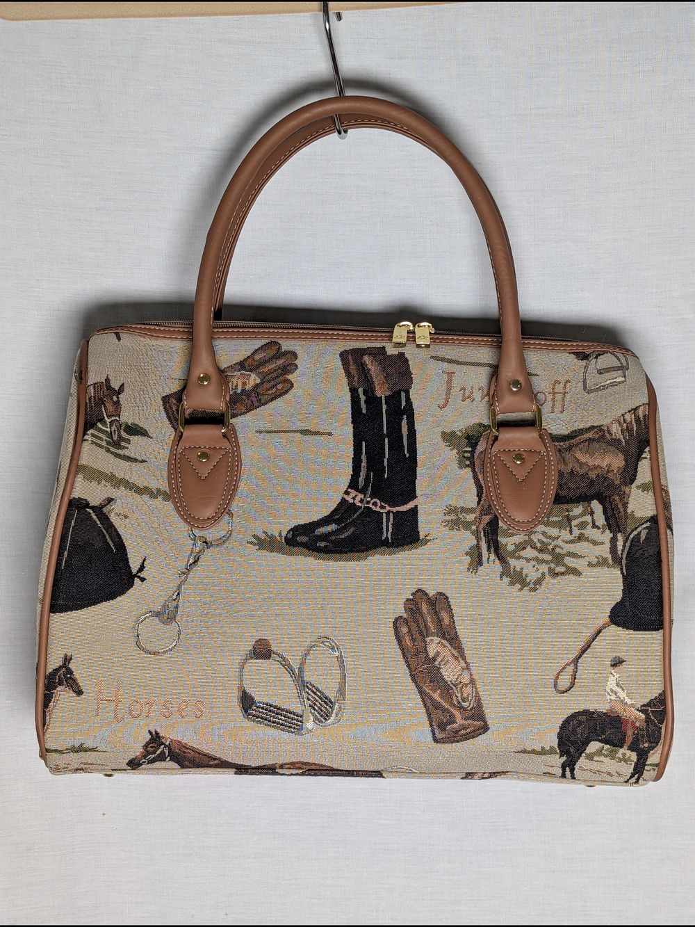 Tapestry Equestrian Print Satchel Bag in Beige and Brown